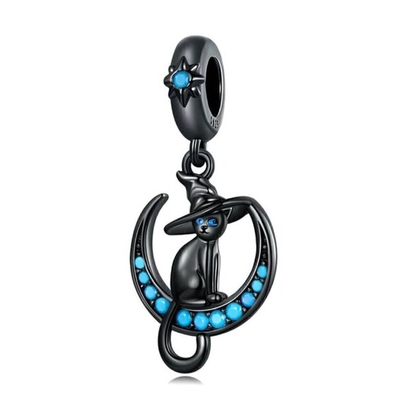 Black Plated Gold over Sterling Silver Black Cat on Turquoise Moon Dangl… - Picture 1 of 7
